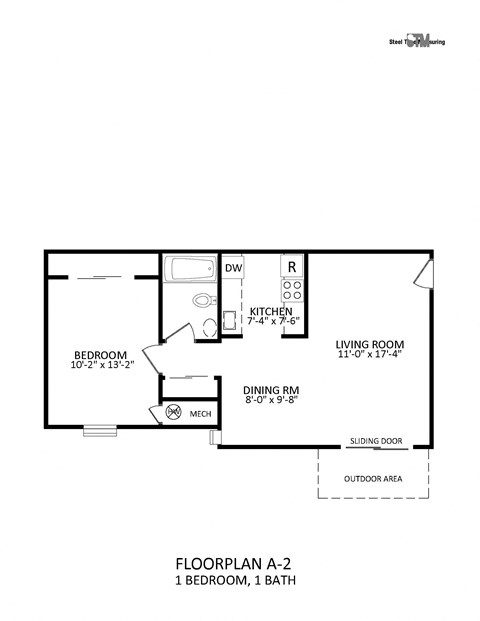 Floor plan for 1 bed, 1 bath, 642 sqft